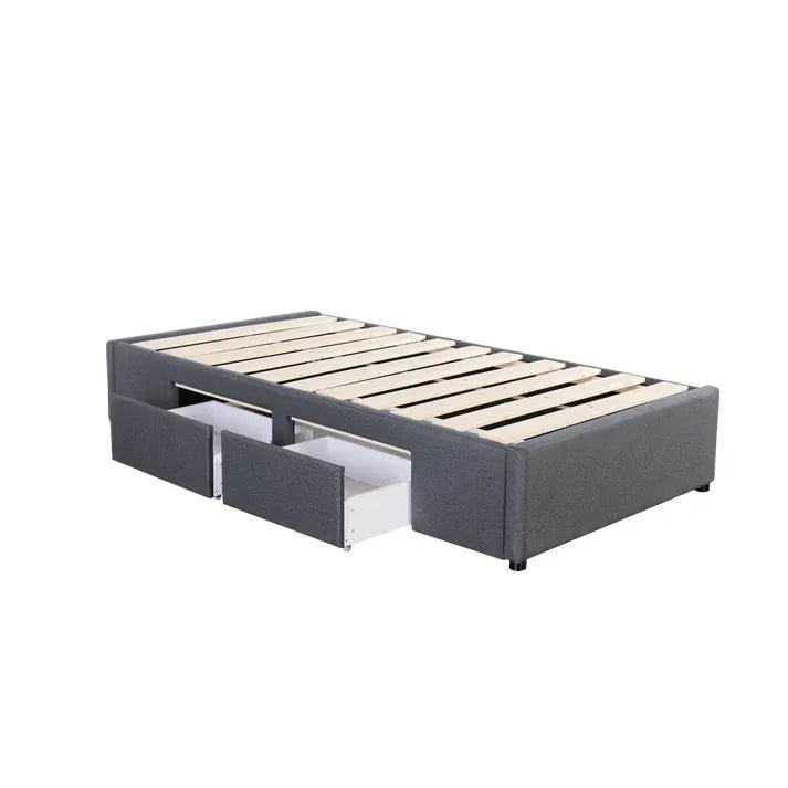 Long single bed base in charcoal with two drawers and solid pine slats.