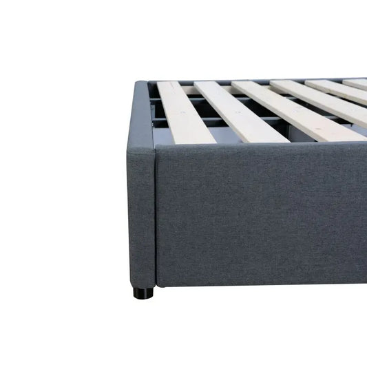Long single bed base in charcoal with two drawers and solid pine slats.