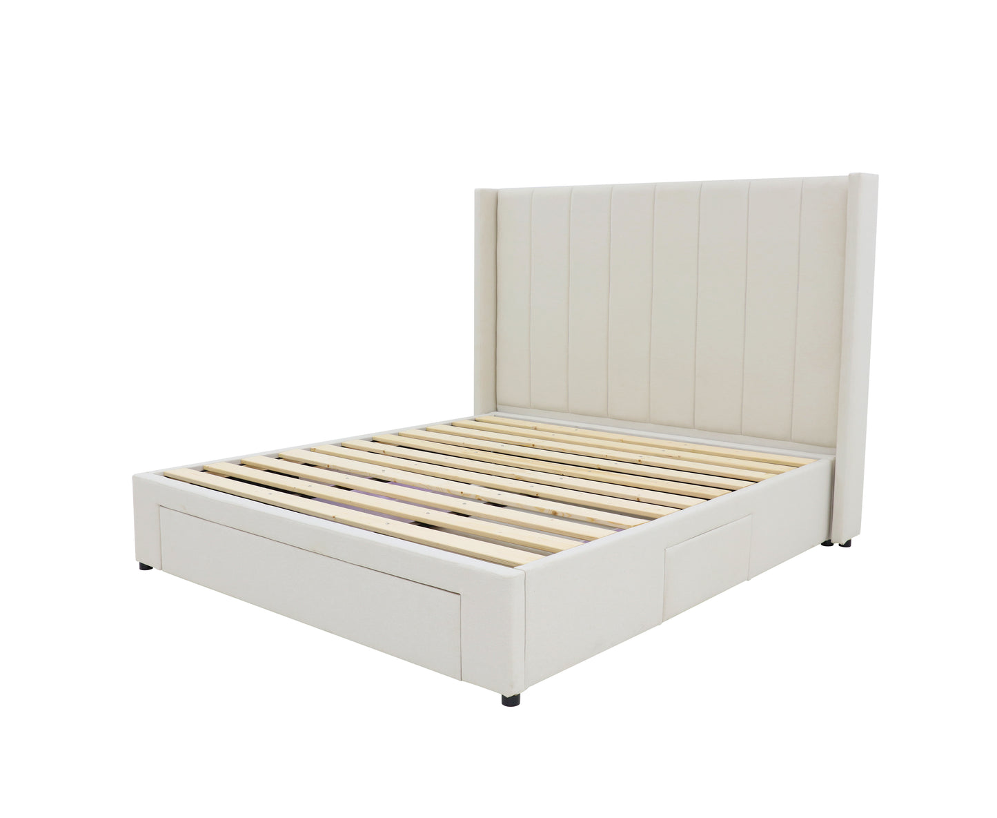 Winged High Modern Headboard with Storage bed base set - Queen - Beige