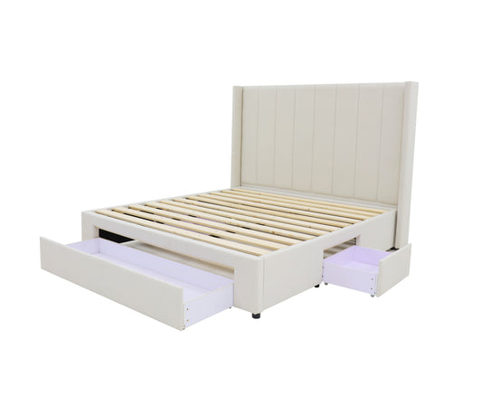 Winged High Modern Headboard with Storage bed base set - Queen - Beige