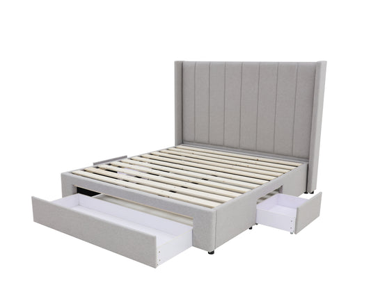 Winged High Modern Headboard with Storage bed base set - Queen - Latte