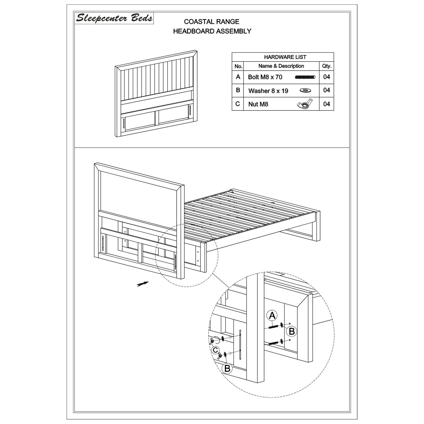 Costal Solid Pine Timber headboard - Double - White