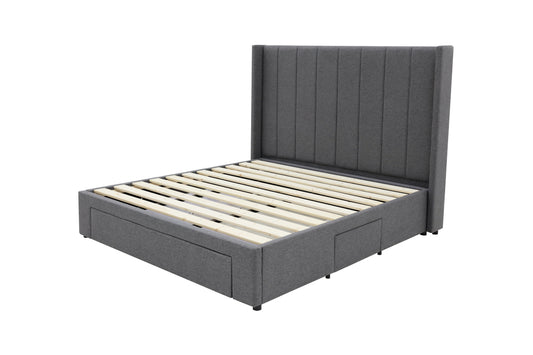 Winged High Modern Headboard with Storage bed base set - Queen - Charcoal
