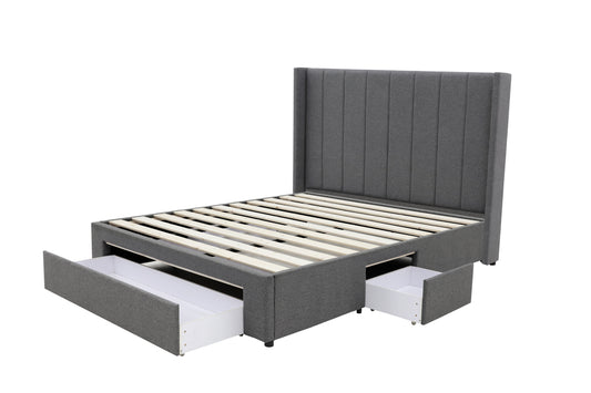 Winged High Modern Headboard with Storage bed base set - Queen - Charcoal