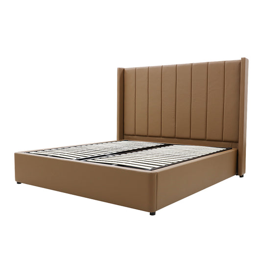 Winged High Modern Headboard with Gas lift bed base set - Queen - PU Leather Tan