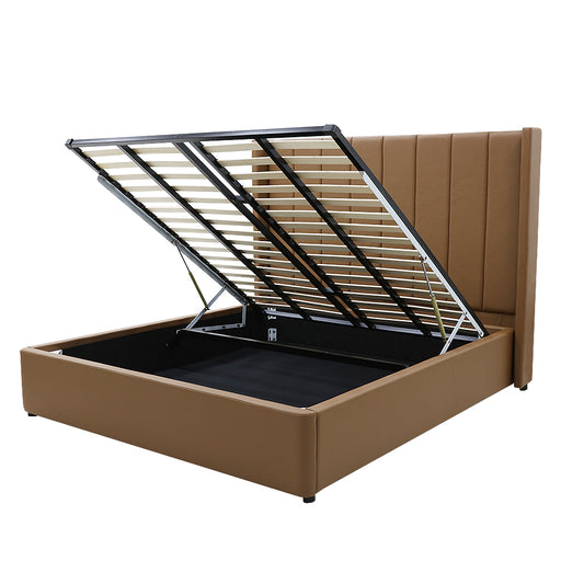 Winged High Modern Headboard with Gas lift bed base set - Queen - PU Leather Tan