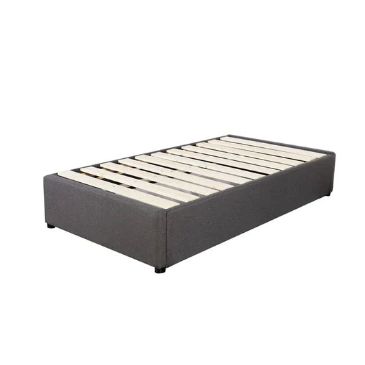Long single bed base in charcoal with two drawers and solid pine slats.