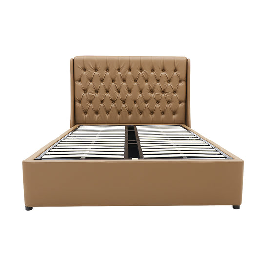 Classic Headboard with Gas lift bed base set - Queen - PU Leather Tan