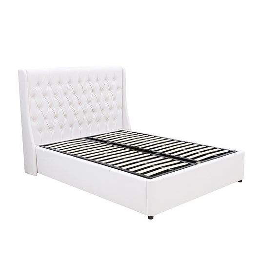Classic Headboard with Gas lift bed base set - Queen - PU Leather White