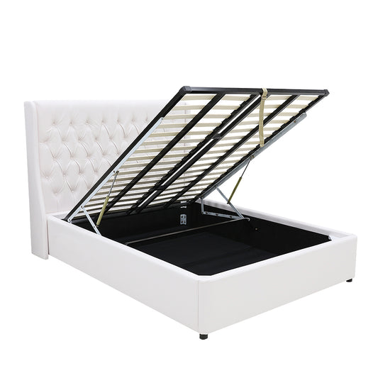 Classic Headboard with Gas lift bed base set - Queen - PU Leather White
