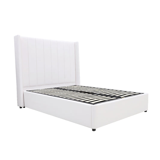 Winged High Modern Headboard with Gas lift bed base set - Queen - PU Leather White