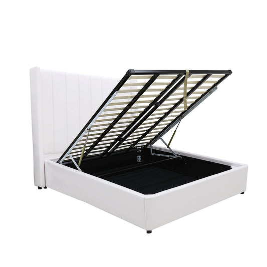 Winged High Modern Headboard with Gas lift bed base set - Queen - PU Leather White
