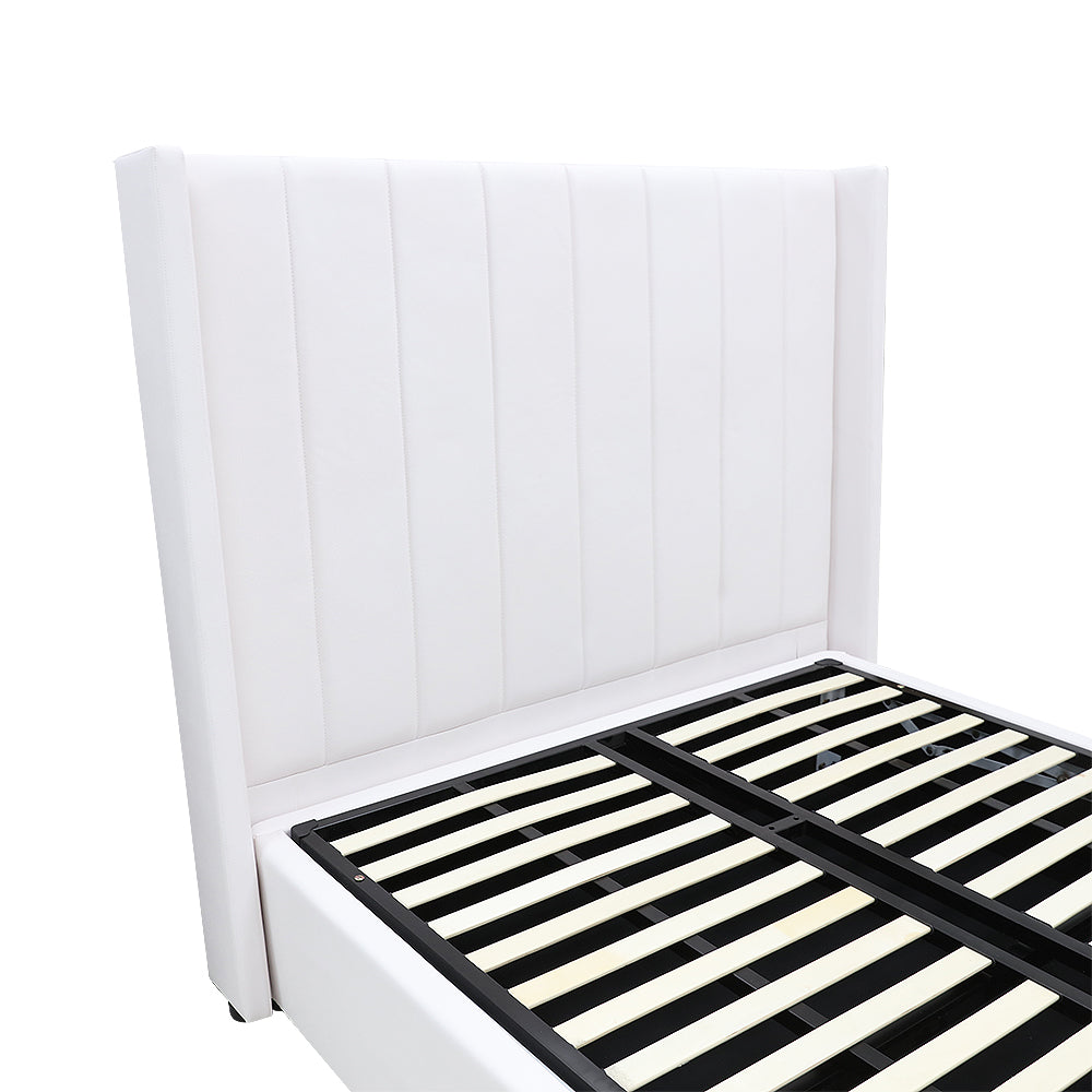 Winged High Modern Headboard with Gas lift bed base set - King - PU Leather White