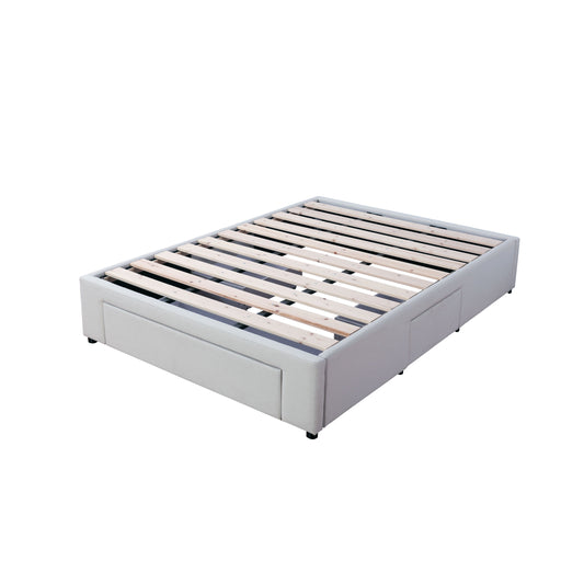 King-size fabric upholstered bed base in latte with three drawers and solid pine slats.
