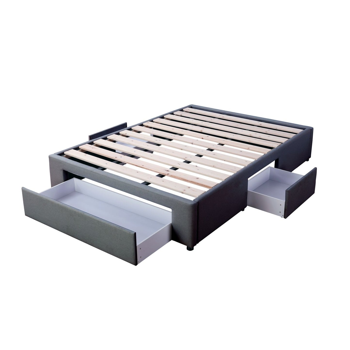 Queen-size bed base in charcoal with three drawers and solid pine slats.