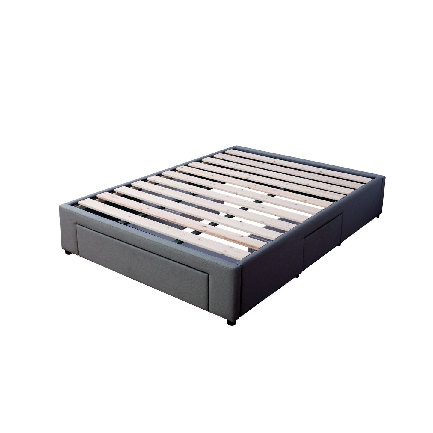Queen-size bed base in charcoal with three drawers and solid pine slats.