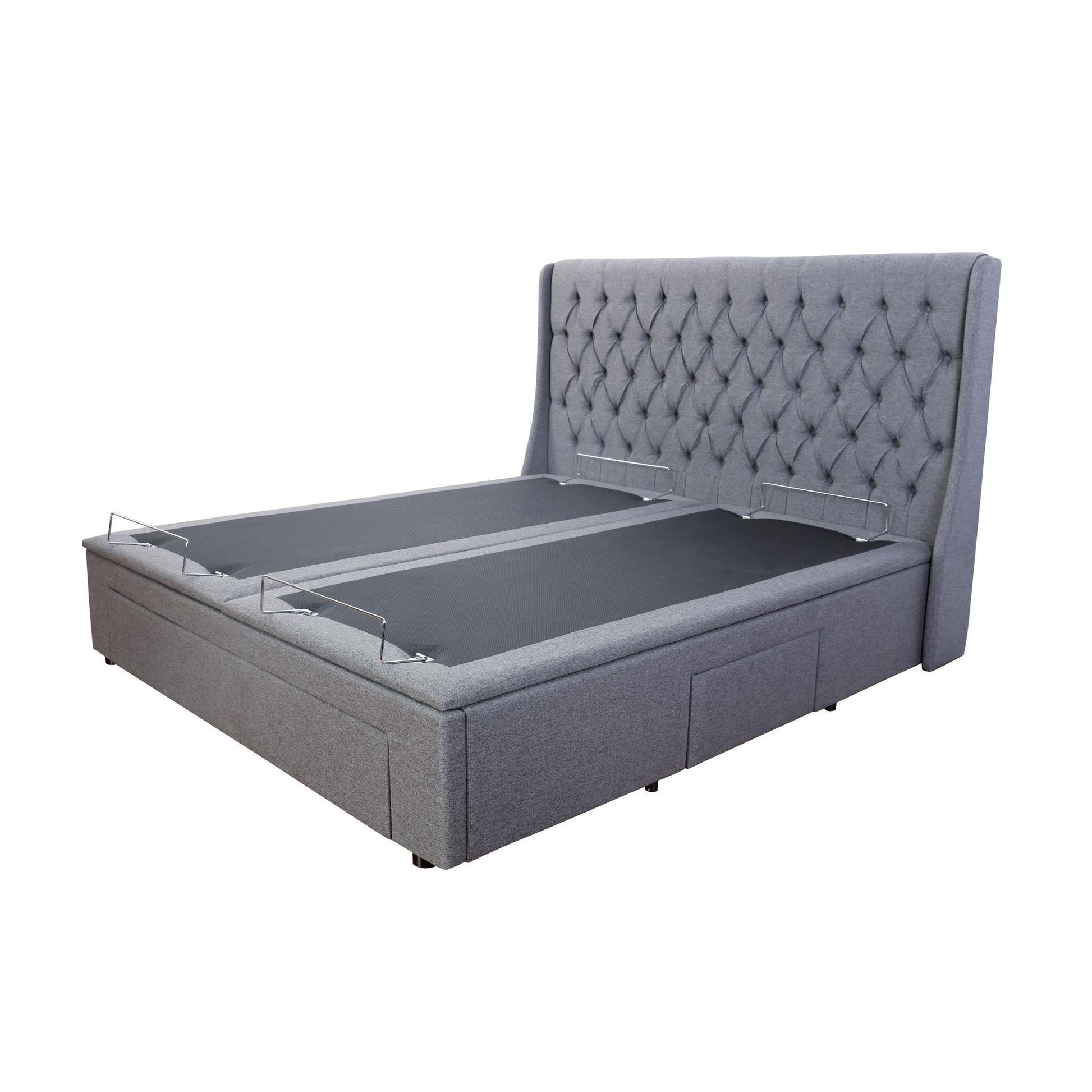 Split king charcoal electrical adjustable bed base with storage bed frame and wireless remote control.