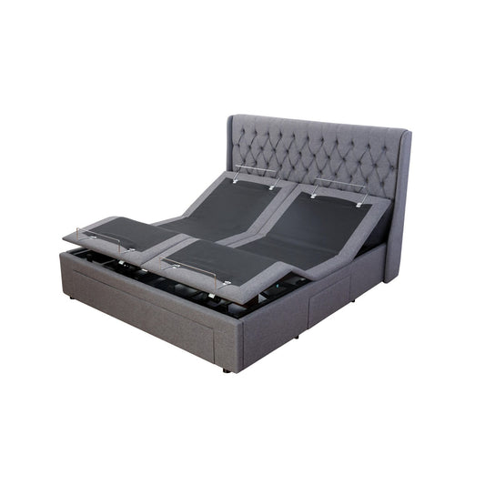 Split king charcoal electrical adjustable bed base with storage bed frame and wireless remote control.