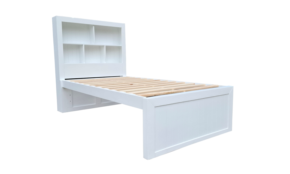 Coastal Solid Pine with Bookshelf Headbaord bed frame - King Single - White