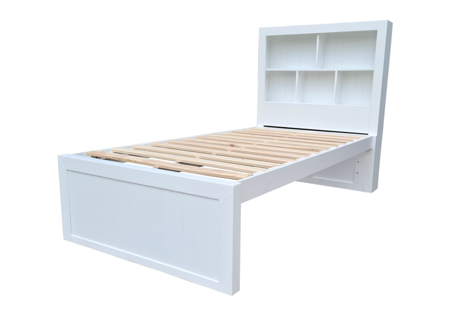 Coastal Solid Pine with Bookshelf Headbaord bed frame - King Single - White
