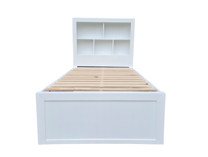 Coastal Solid Pine with Bookshelf Headbaord bed frame - King Single - White