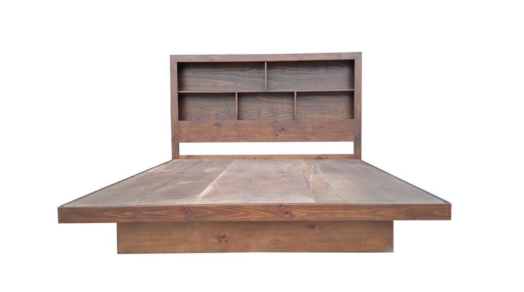 ZEN Solid Pine Bed Frame with Bookshelf Headboard - King - Walnut Espresso