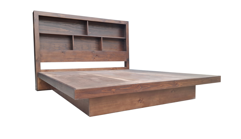 ZEN Solid Pine Bed Frame with Bookshelf Headboard - King - Walnut Espresso