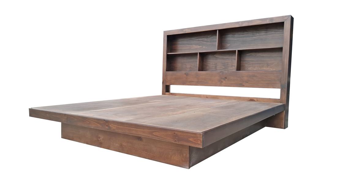 ZEN Solid Pine Bed Frame with Bookshelf Headboard - King - Walnut Espresso