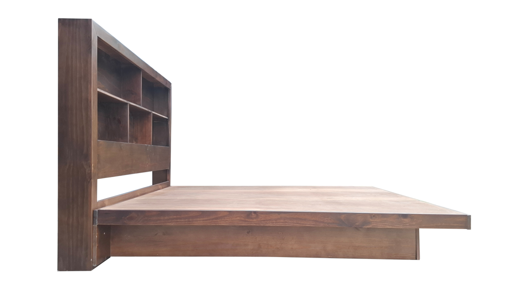 ZEN Solid Pine Bed Frame with Bookshelf Headboard - King - Walnut Espresso