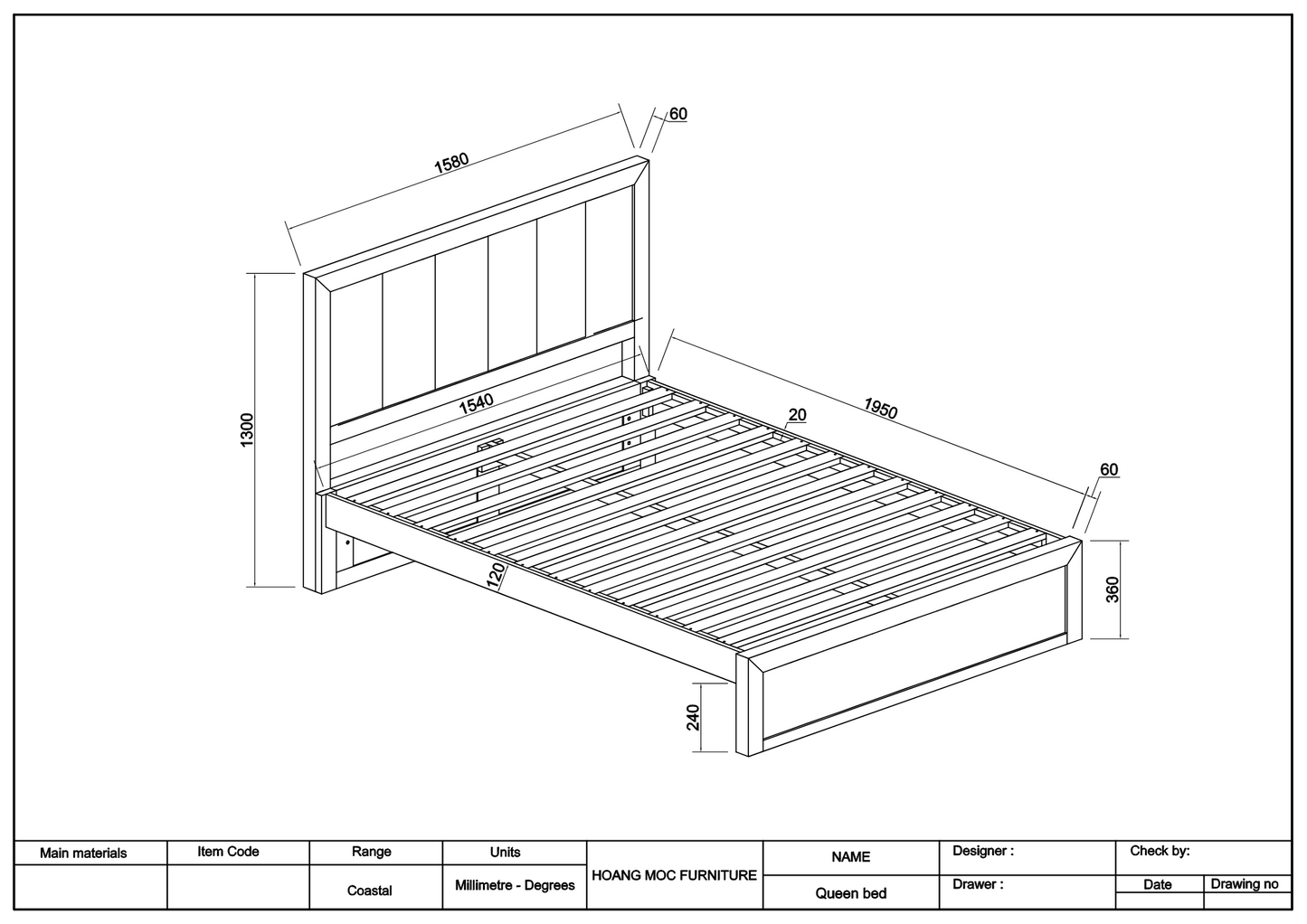 Costal Solid Pine bed frame with Padded Headboard - Queen - Natural