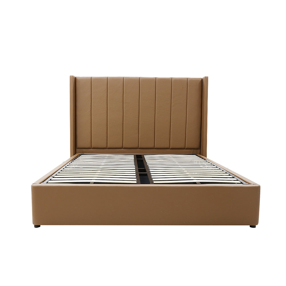 Winged High Modern Headboard with Gas lift bed base set - Queen - PU Leather Tan