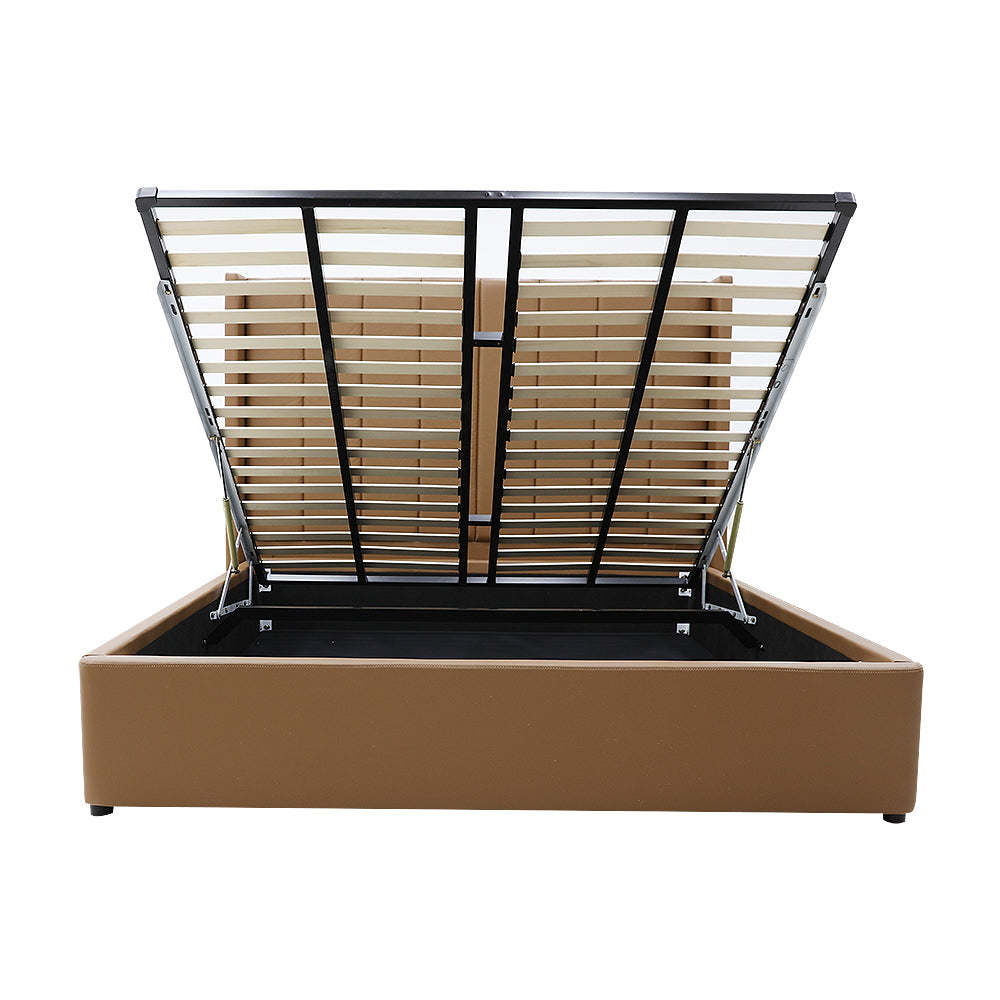Winged High Modern Headboard with Gas lift bed base set - Queen - PU Leather Tan