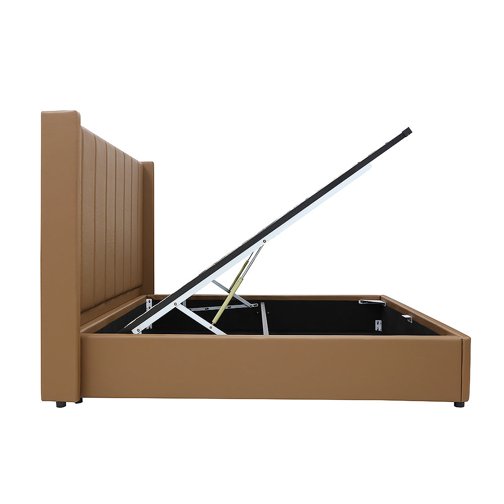 Winged High Modern Headboard with Gas lift bed base set - Queen - PU Leather Tan