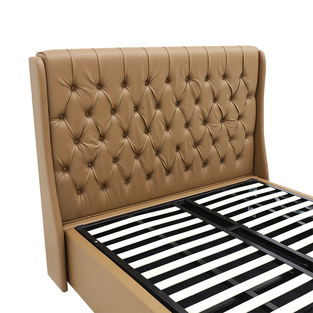 Classic Headboard with Gas lift bed base set - Queen - PU Leather Tan