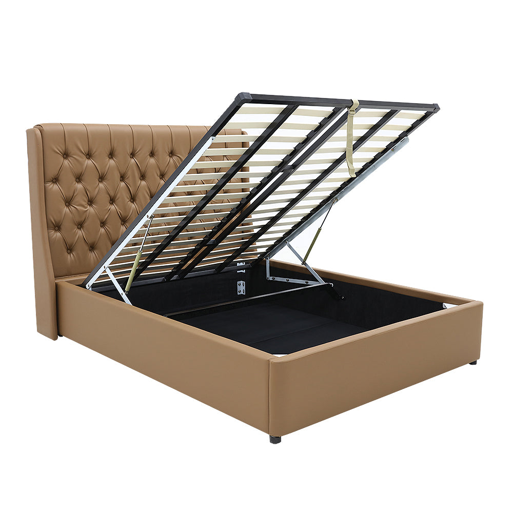 Classic Headboard with Gas lift bed base set - Queen - PU Leather Tan