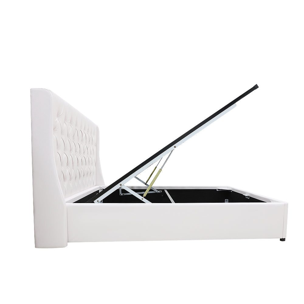 Classic Headboard with Gas lift bed base set - King - PU Leather White