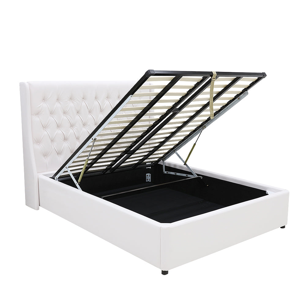 Classic Headboard with Gas lift bed base set - King - PU Leather White