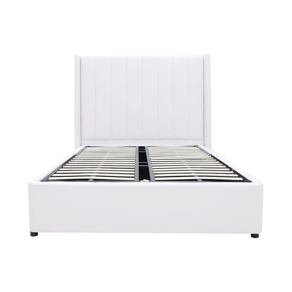 Winged High Modern Headboard with Gas lift bed base set - King - PU Leather White