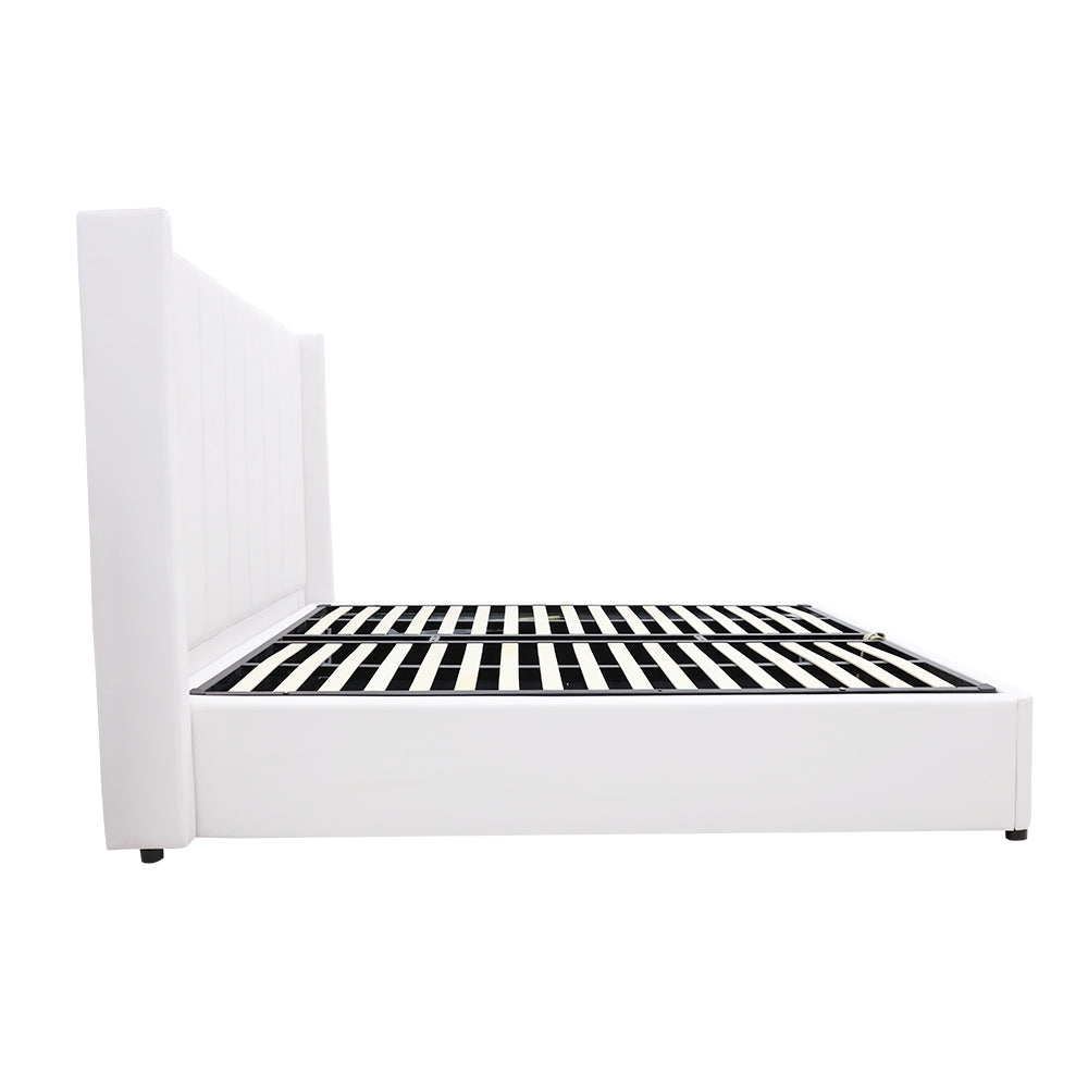 Winged High Modern Headboard with Gas lift bed base set - King - PU Leather White