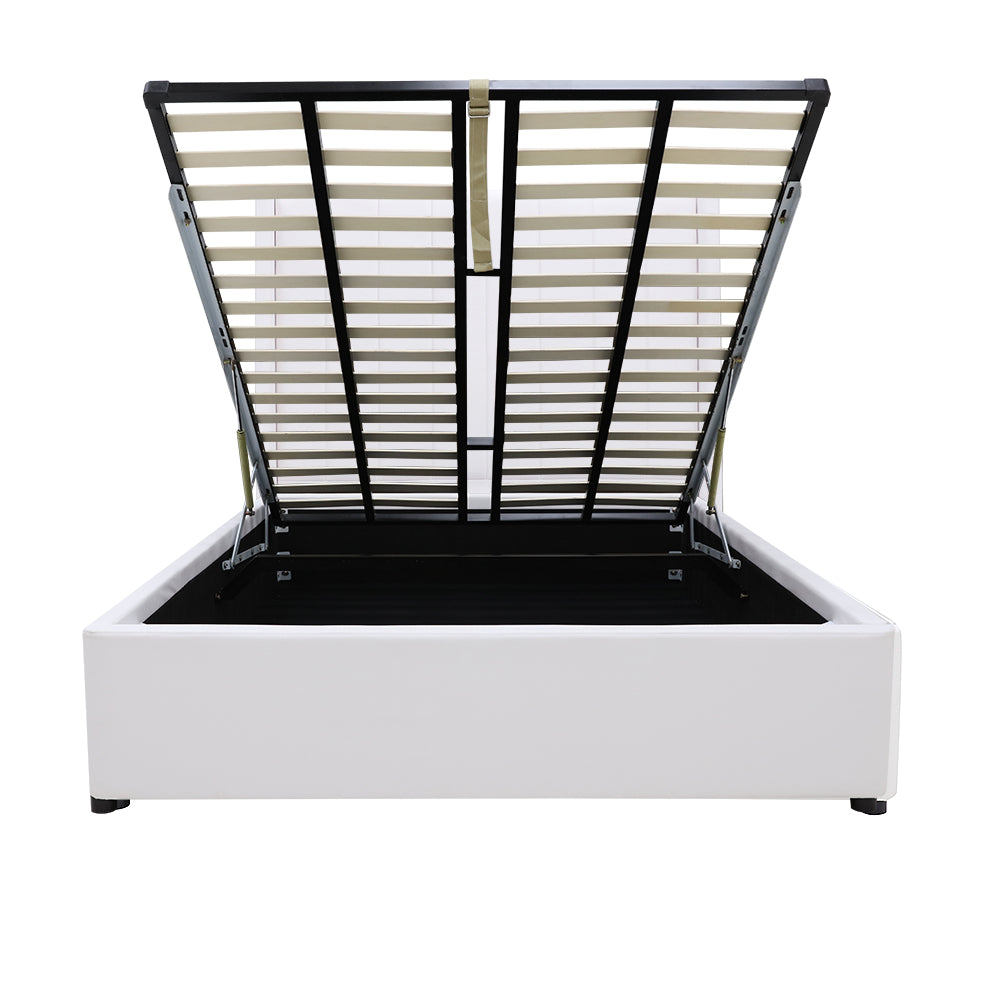 Winged High Modern Headboard with Gas lift bed base set - King - PU Leather White