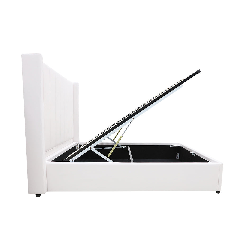 Winged High Modern Headboard with Gas lift bed base set - King - PU Leather White