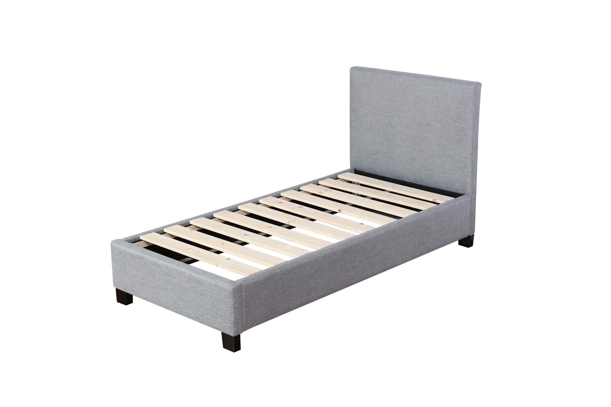 Plain king single-size bed frame in light grey with fabric upholstery, plain headboard, and solid pine slats.